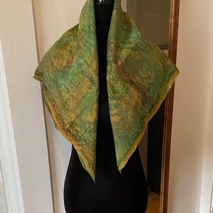 100% Silk Scarf Green and Yellow Multicolor Square Tie Dye Scarf
